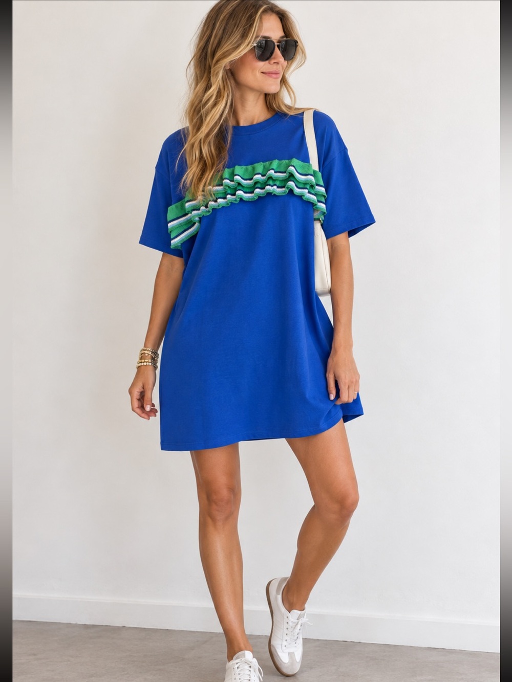 ZARA Royal Blue & Green Oversized Sweatshirt Dress With Knit Ruffle